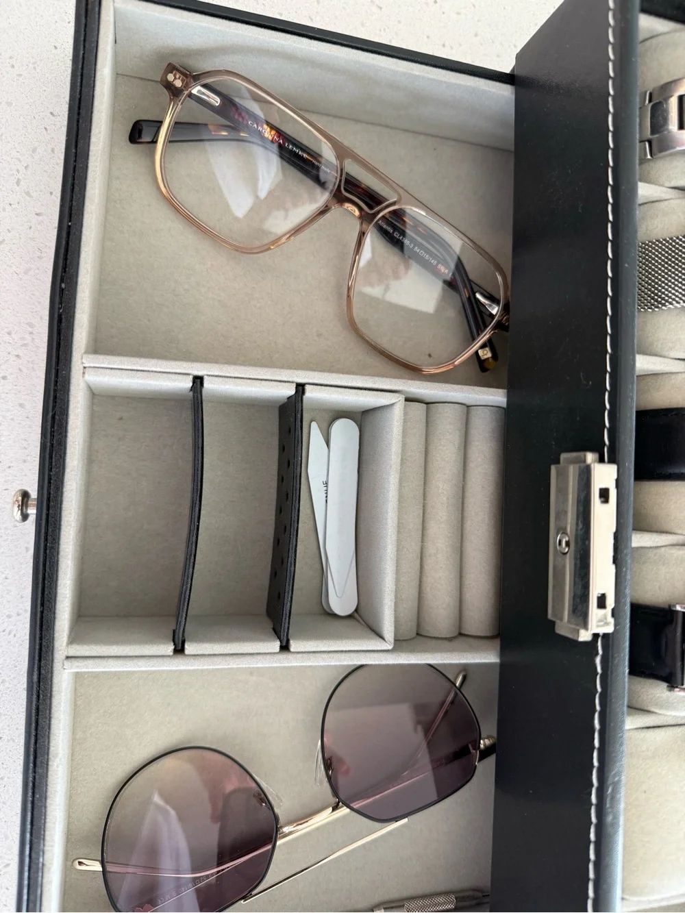 Black Leather Travel Accessory Case with Silver Hardware
